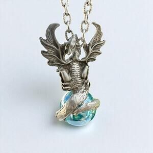 Medieval Dragon Fantasy Necklace Blue Crystal Ball Orb Pewter Silver Gothic Y2K